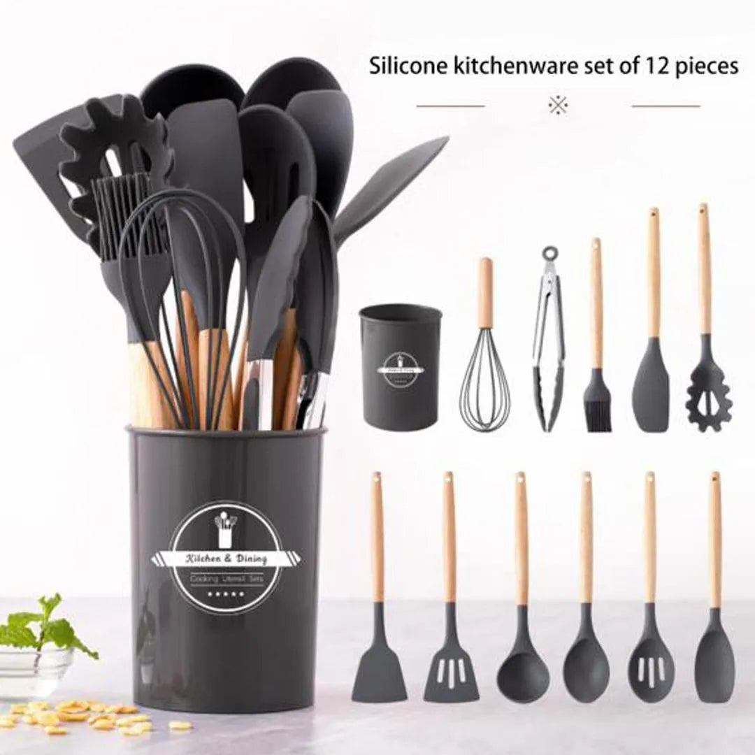 Premium 12-Piece Silicone Cooking Utensil Set – Heat Resistant, Non-Toxic, BPA-Free Kitchen Tools with Wooden Handles