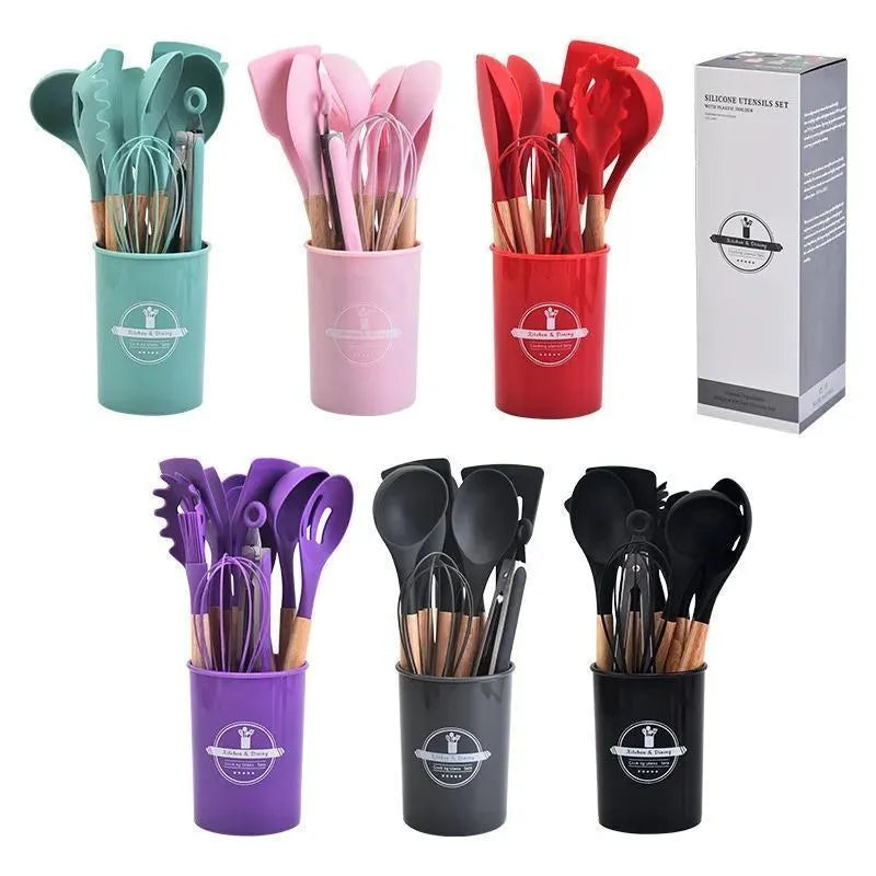Premium 12-Piece Silicone Cooking Utensil Set – Heat Resistant, Non-Toxic, BPA-Free Kitchen Tools with Wooden Handles