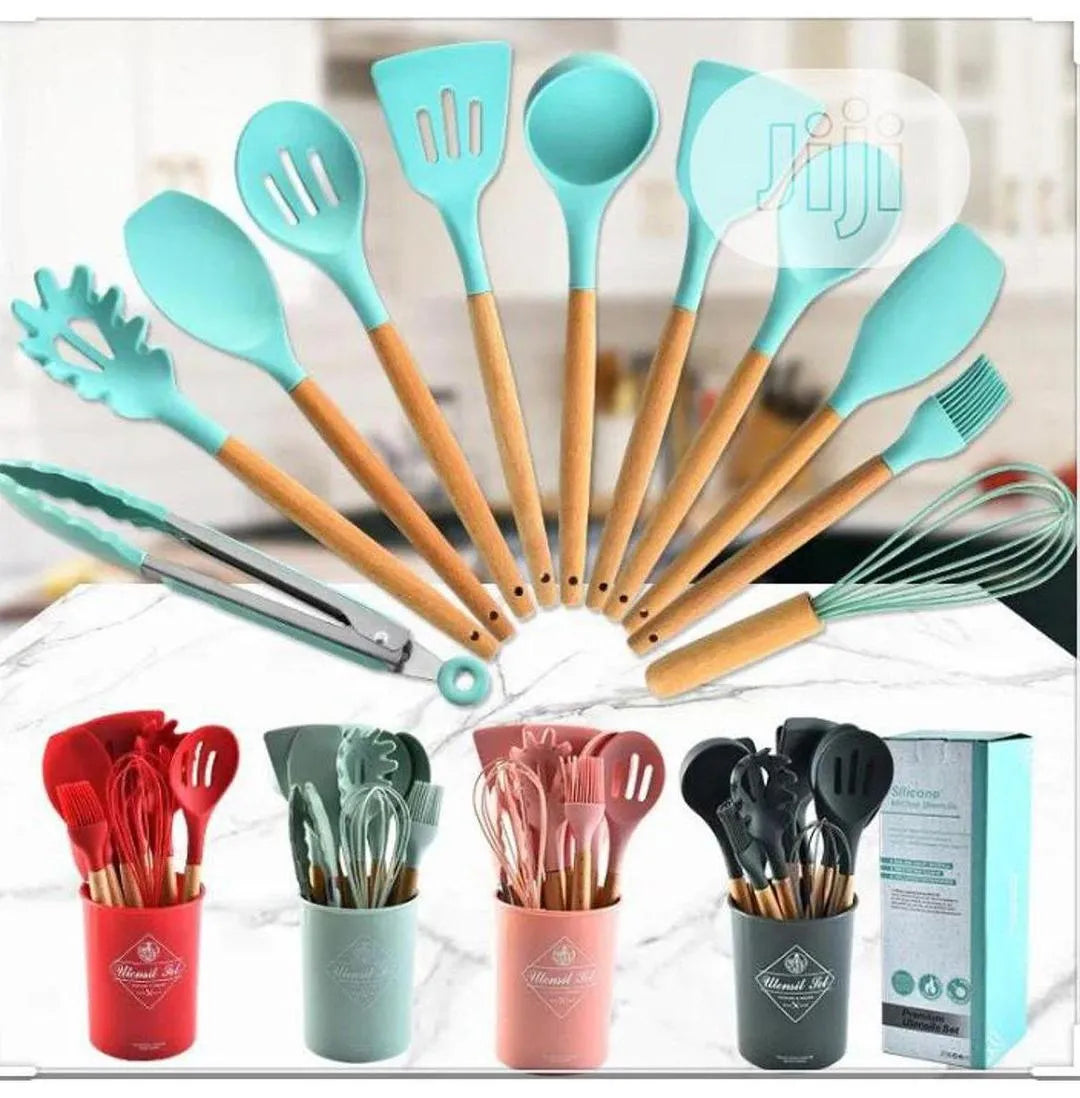 Premium 12-Piece Silicone Cooking Utensil Set – Heat Resistant, Non-Toxic, BPA-Free Kitchen Tools with Wooden Handles