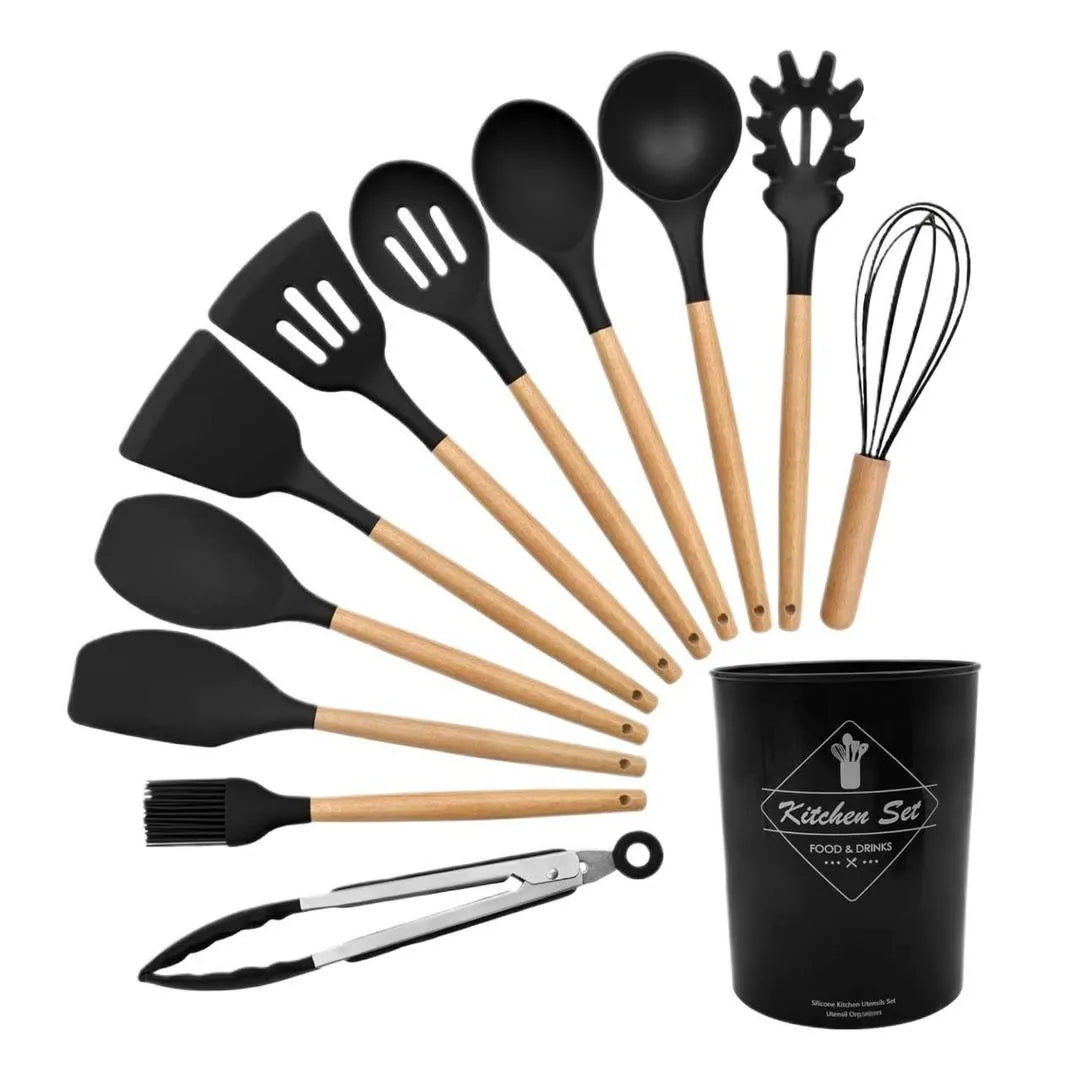 Premium 12-Piece Silicone Cooking Utensil Set – Heat Resistant, Non-Toxic, BPA-Free Kitchen Tools with Wooden Handles