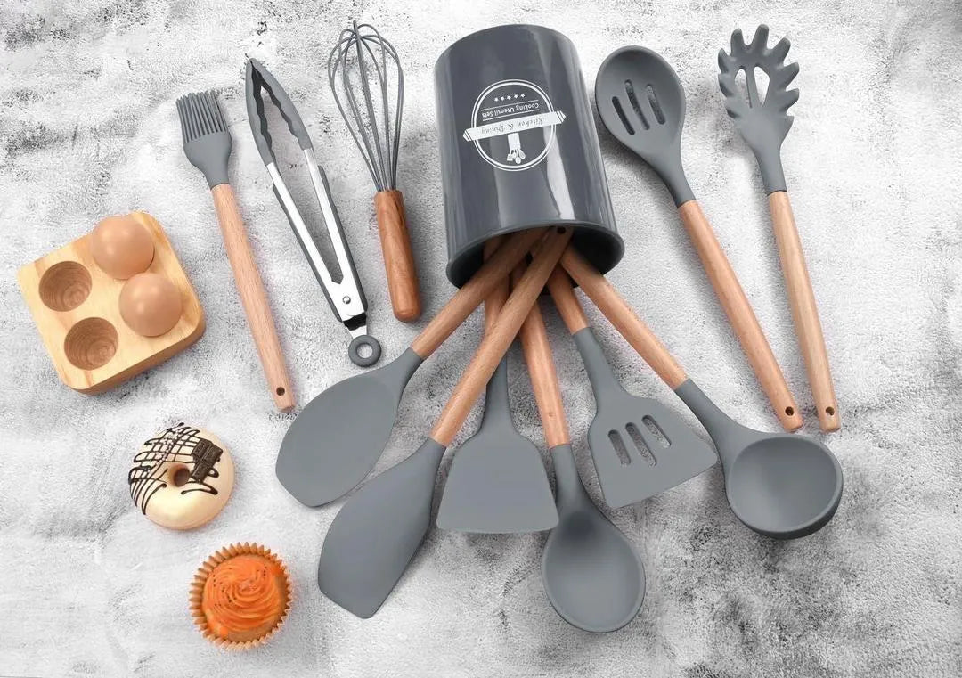 Premium 12-Piece Silicone Cooking Utensil Set – Heat Resistant, Non-Toxic, BPA-Free Kitchen Tools with Wooden Handles
