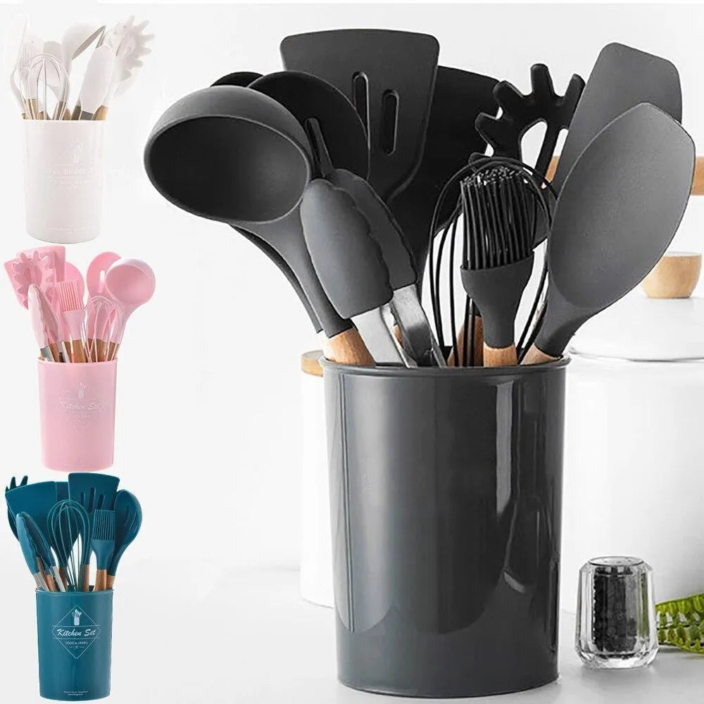 Premium 12-Piece Silicone Cooking Utensil Set – Heat Resistant, Non-Toxic, BPA-Free Kitchen Tools with Wooden Handles