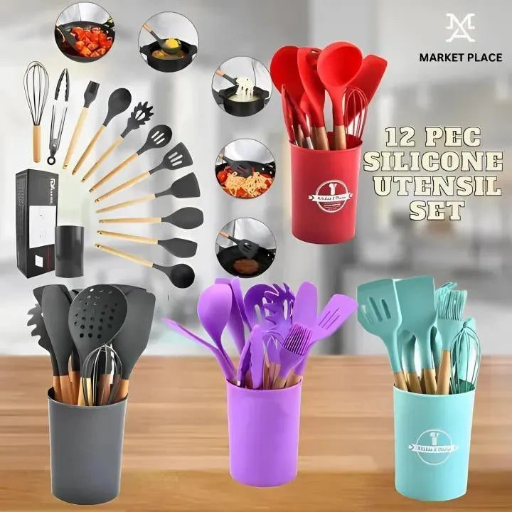 Premium 12-Piece Silicone Cooking Utensil Set – Heat Resistant, Non-Toxic, BPA-Free Kitchen Tools with Wooden Handles