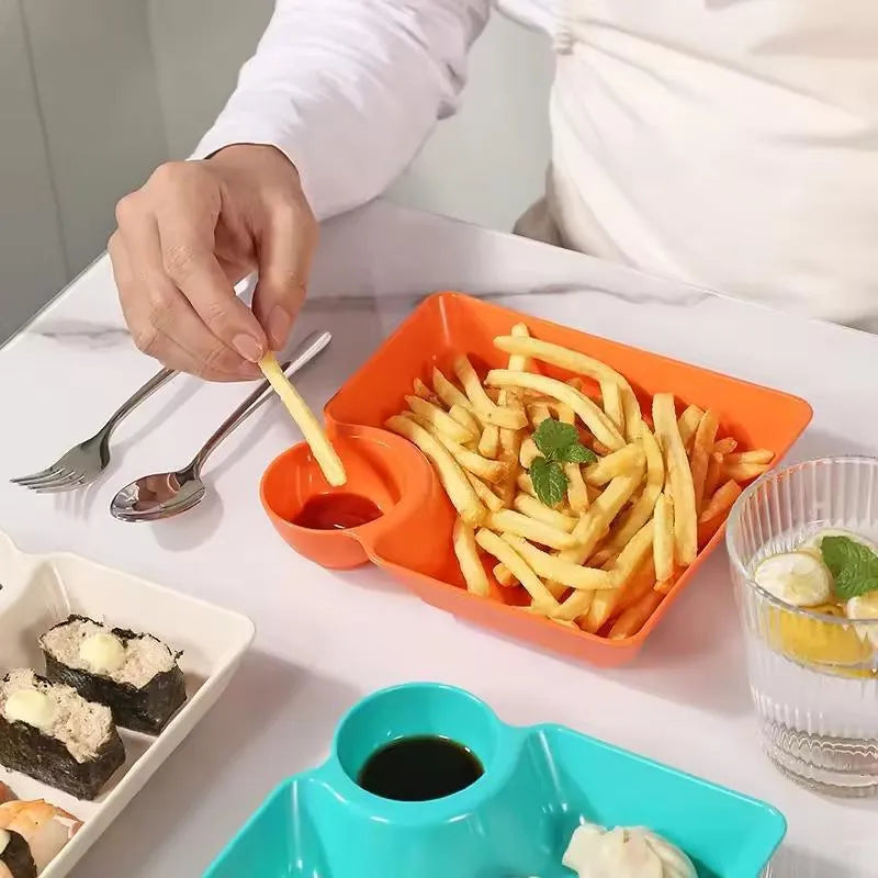 Premium 4-Piece French Fry and Dumpling Plate Set with Integrated Sauce Dish