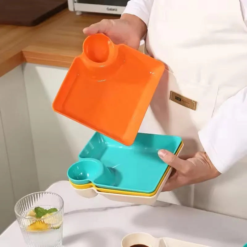 Premium 4-Piece French Fry and Dumpling Plate Set with Integrated Sauce Dish