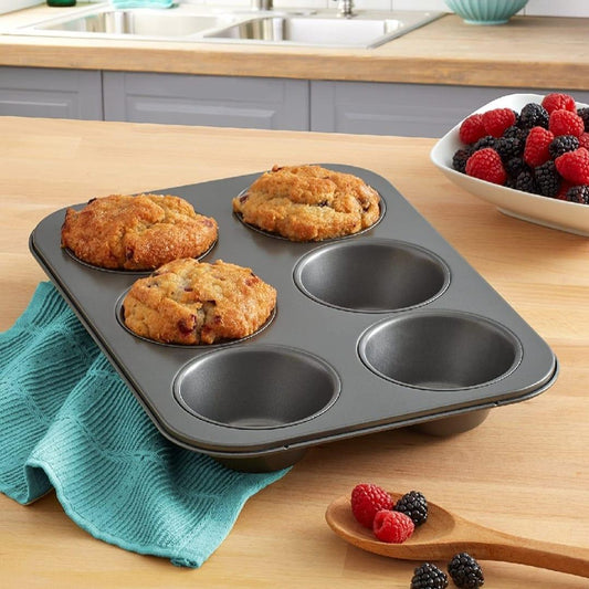 6-Cup Non-Stick Muffin Pan – Heavy-Duty Carbon Steel Cupcake Baking Tray